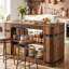 Îlot de cuisine rustique de 55 po avec tablettes de rangement, table de bar industrielle avec détails en métal noir et espace pour les jambes, table de pub peu encombrante pour les petites cuisines