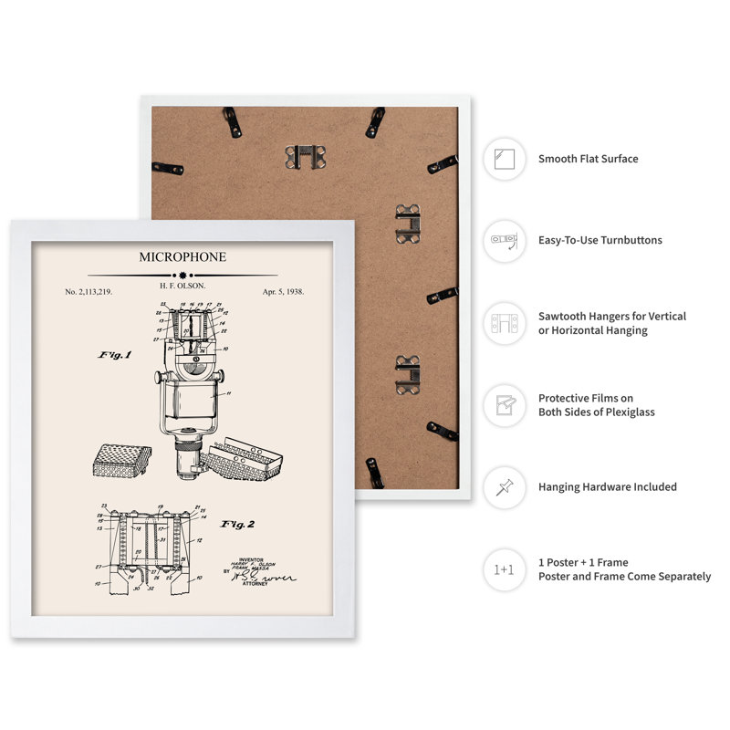 Plan du microphone n ° 1, Poster, White Framed, 08"H x 10"W