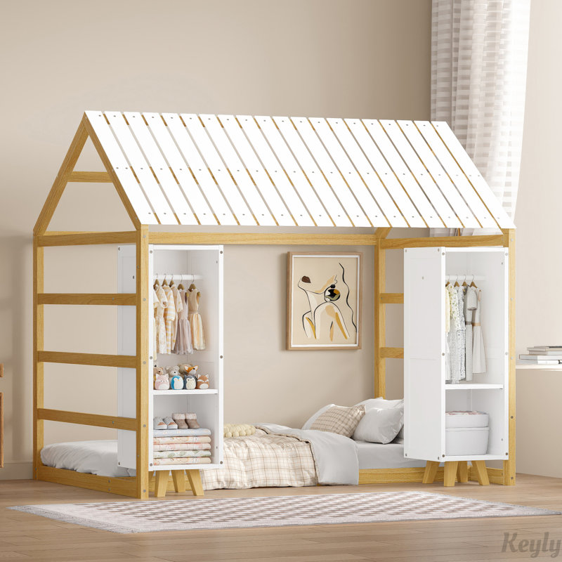 Lit en bois avec garde-robe mobile, Naturel