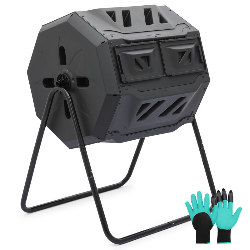 43 Gallon Black Dual Chamber Rotating Compost Tumbler with Gloves