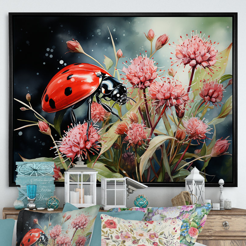 " Botanical Landybug Harmony I ", Black Floater Framed, 34" H x 44" W x 1.5" D