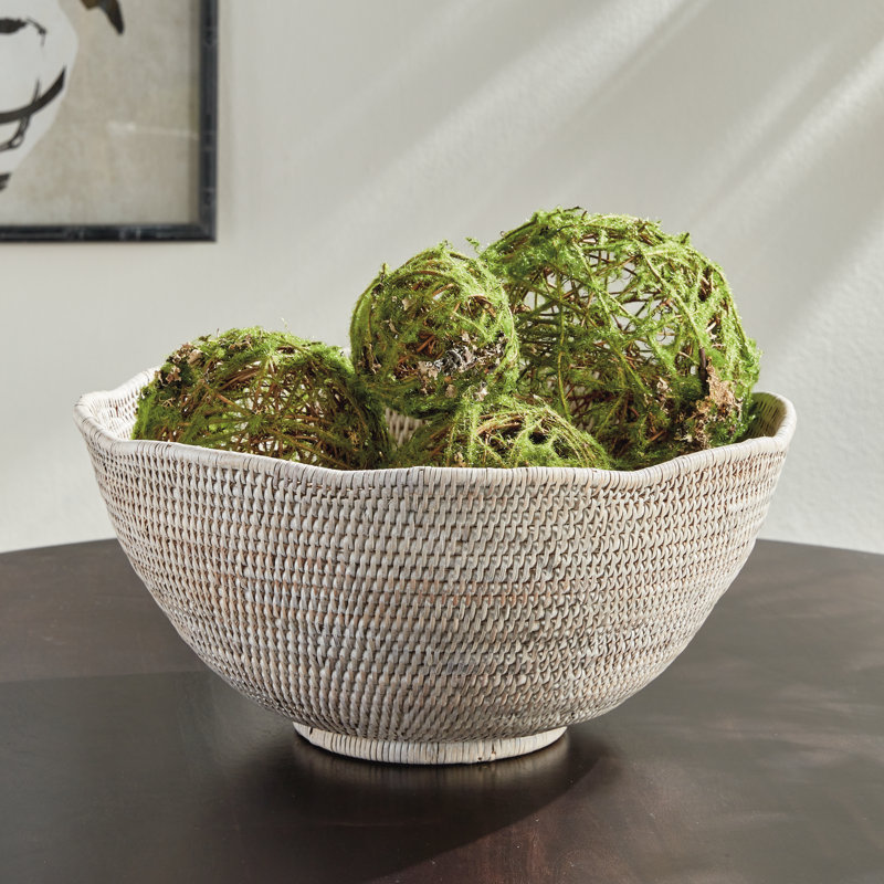 BURMA RATTAN SCALLOPED EDGE BOWL LG, White, 8" H x 18" W x 18" D
