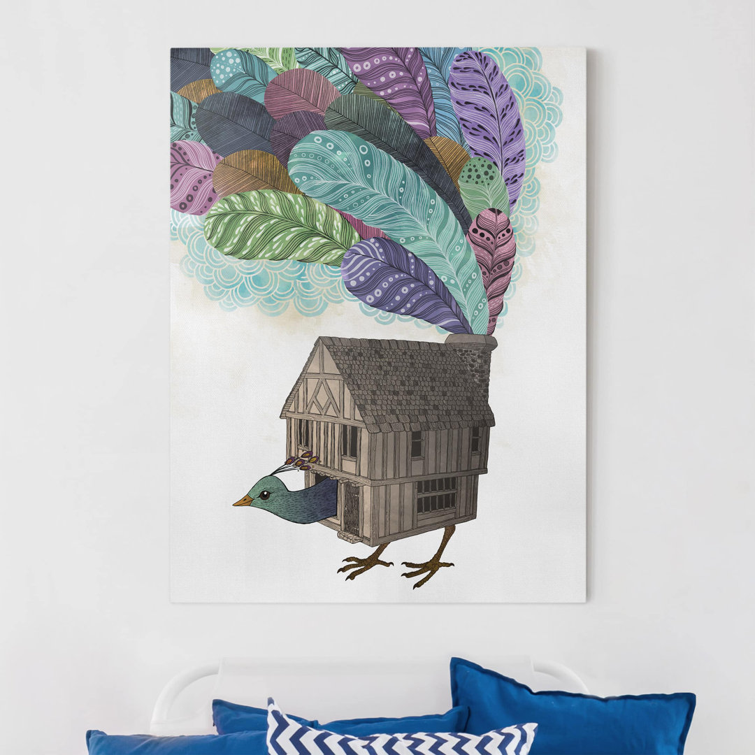 Leinwandbild Illustration Vogel Haus mit Federn