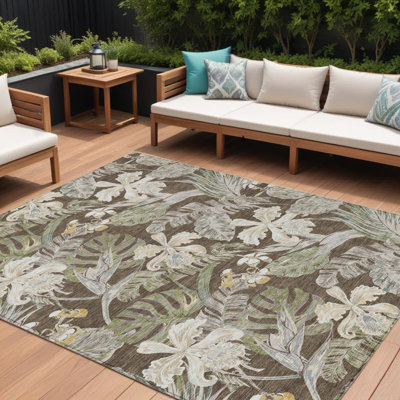 9' X 12' Brown Beige And Olive Green Botanical Leaves Washable Indoor Outdoor Area Rug