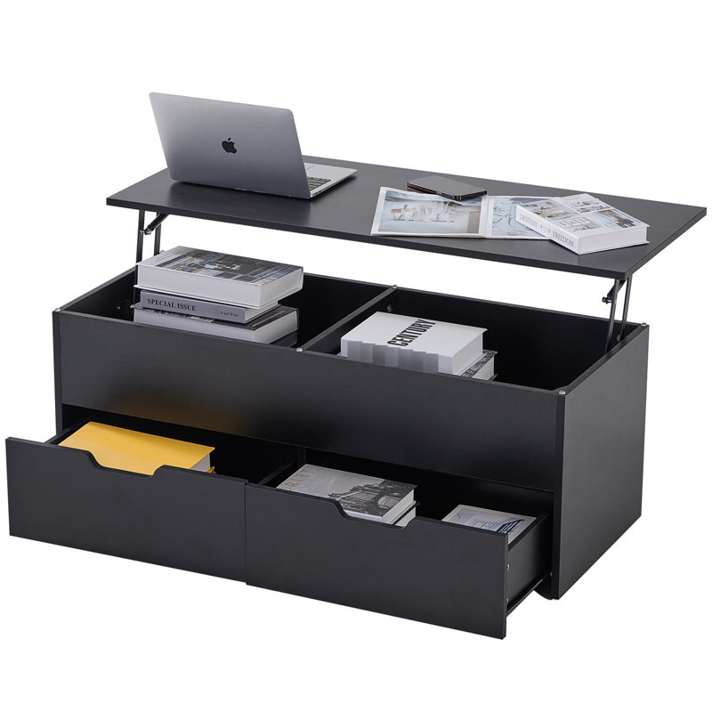 Tables centrales à plateau relevable avec rangement: compartiment caché et 2 tiroirs, hauteur réglable, noir, panneau de particules et compartiment de rangement pour table: