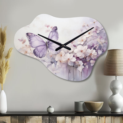 Mauve papillon enchanté vol II - horloge murale papillon en métal, impression d'horloge murale asymétrique moderne