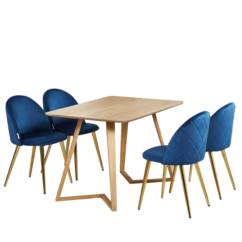 Gunhilda 4 Person Dining set - a Rectangular Plastic Dining Table with Wooden Legs and a Set of 4 Quilted Velvet Dining Chairs for Dining Room - Modern Dining Table Set
