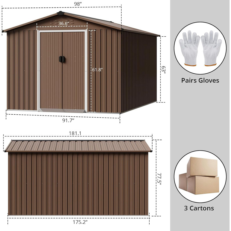 15' X 8' Large Metal Outdoor Storage Shed, Steel Utility Tool Shed Storage House With Sloping Roof, Lockable Door, Brown