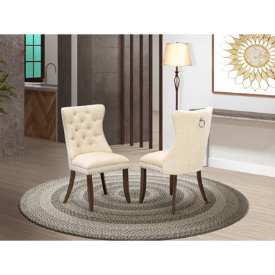 Dallas Parson Kitchen Chairs - Button Tufted Nailhead Light Beige Polyester Fabric Upholstered Dining Chairs, Set of 2, Antique Walnut