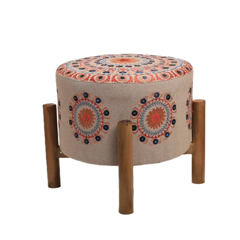 Decorative Upholstered Accent Stool | Mandala Embroidered Ottoman | 16x14"