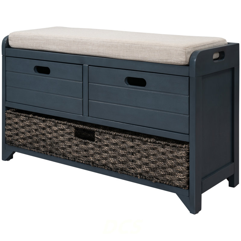 Banc de rangement avec panier amovible et 2 tiroirs, banc à chaussures entièrement assemblé avec coussin amovible (bleu marine), rangement pour chaussures