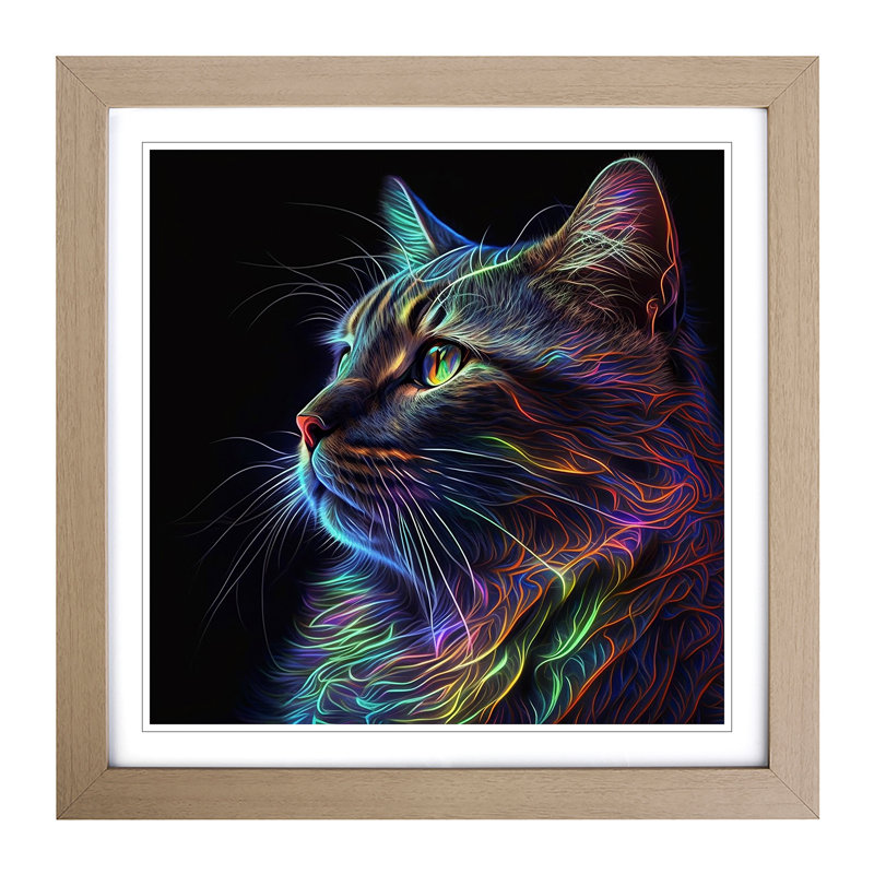 Cat Neon Art - Framed Print, Oak