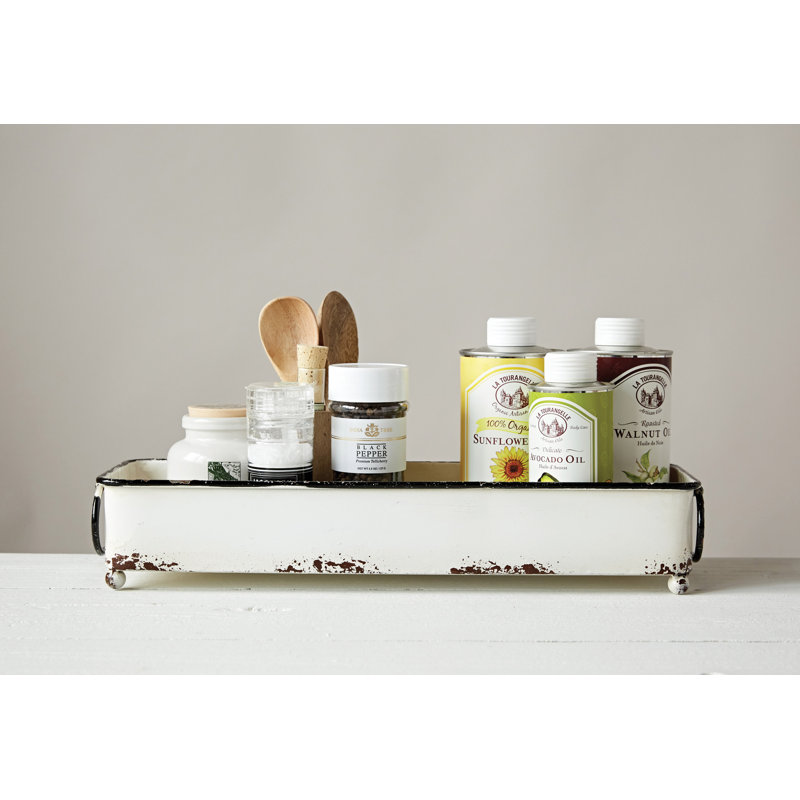 Distressed White Metal Rectangular Tray with Handles