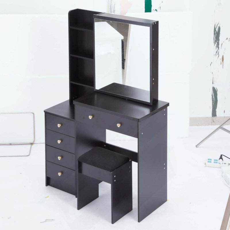 Middle Size Left Bedside Cabinet Vanity Table + Cushioned Stool, Extra Large Right Sliding Mirror, Multi Layer High Capacity Storage, Practical Fashionable Dresser, Suitable For Middle Space