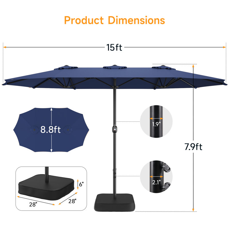 Parasol de marché rectangulaire avec base Yoko 15 pi x 9 pi, Bleu