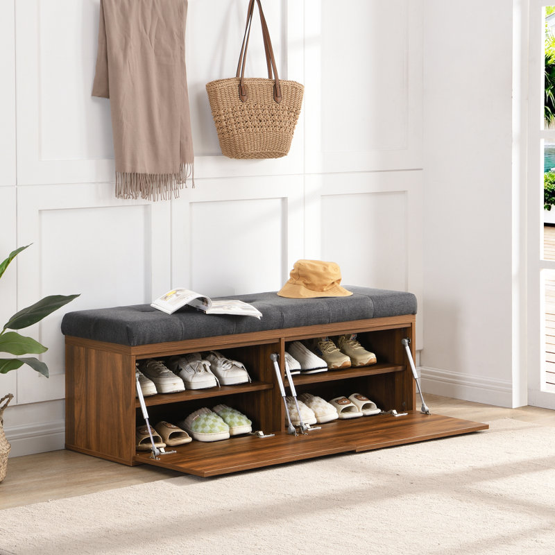Banc de rangement polyvalent avec tablettes réglables et siège rembourré, idéal pour la chambre à coucher, le salon ou le vestibule