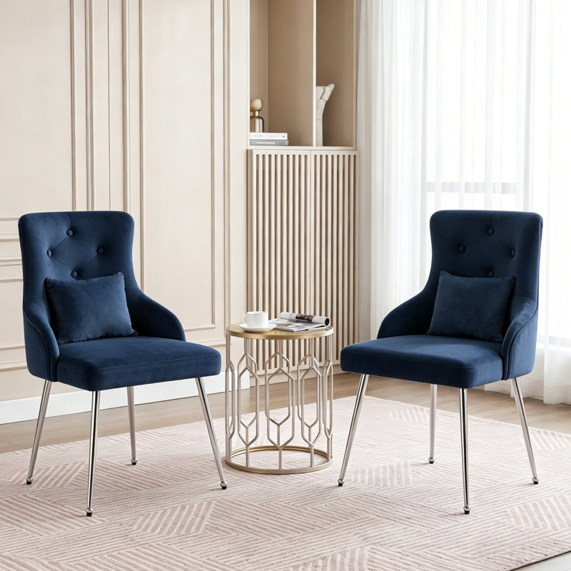 Chaise de salle à manger rembourrée Dorsi, Bleu très foncé, Argent argent
