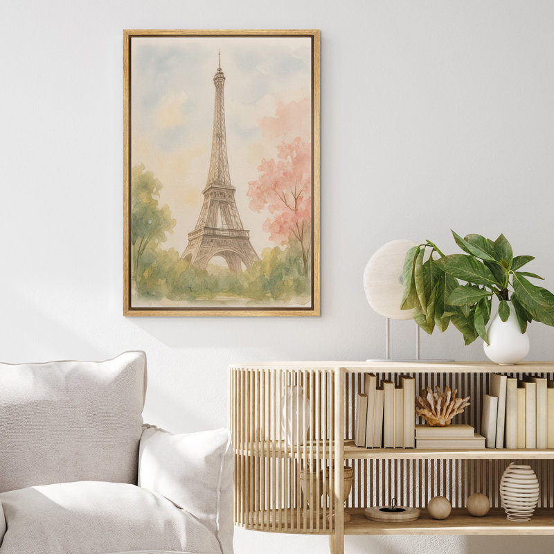 Tour Eiffel Paris Landmark avec doux arbres verts et roses, décoration murale, impression sur toile encadrée