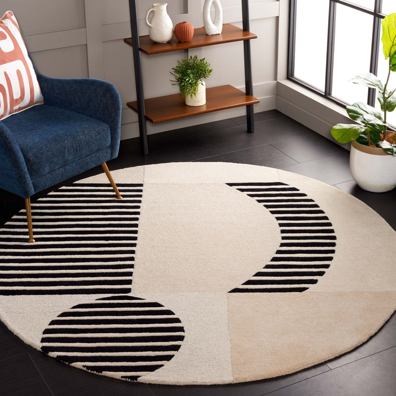 Chatham Hand Tufted Wool Cotton Abstract Rug in Ivory/Black, Round 6'