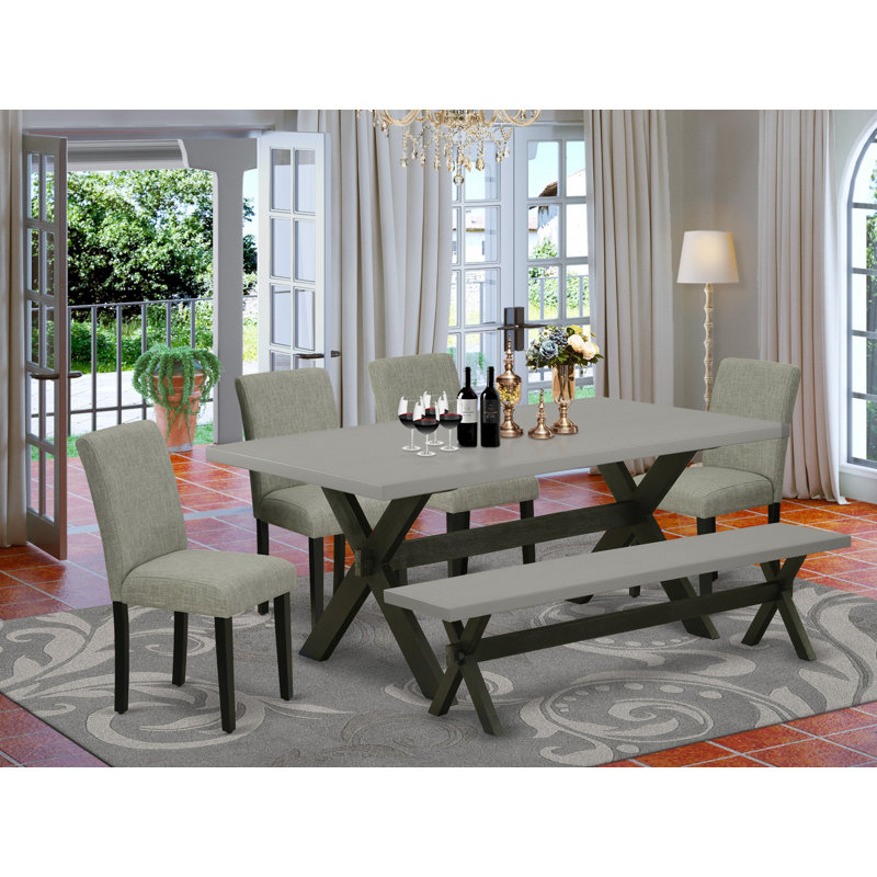6 Piece Dinette Set Contains a Rectangle Dining Table with X-Legs and 4 Shitake Linen Fabric Parson Chairs with a Bench, Wire brushed Black