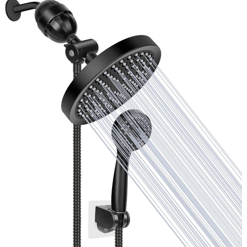 6-Setting High-Pressure Handheld Shower Head With Wall & Overhead Brackets - 2.5 GPM, Black