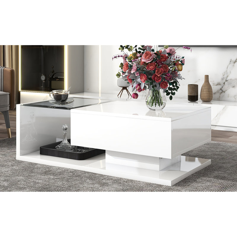 Table basse de salon avec verre trempé, table de cocktail en bois blanc moderne, tiroir de rangement brillant et astucieusement créé en surface
