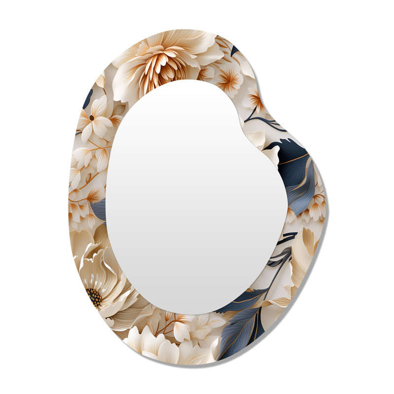 Ethereal Serenity Boho - miroir mural décoratif de forme unique floral, grand miroir asymétrique blanc, impression d'art en métal