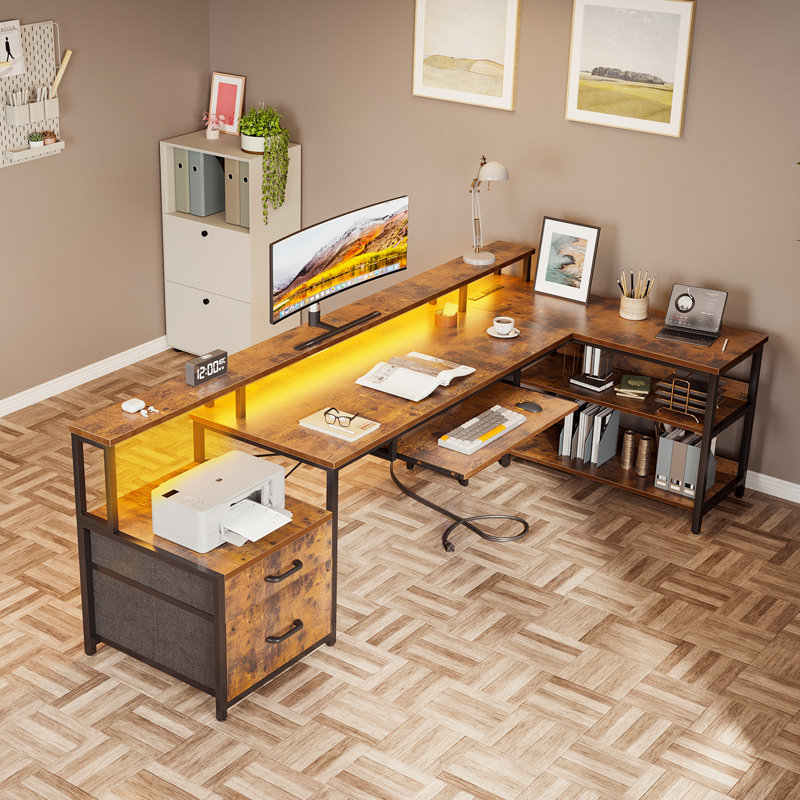 Bureau à DEL en L avec armoire et prises de courant Sholpan, H 35 po x l 74,5 po x P 39,4 po, Brun / Noir