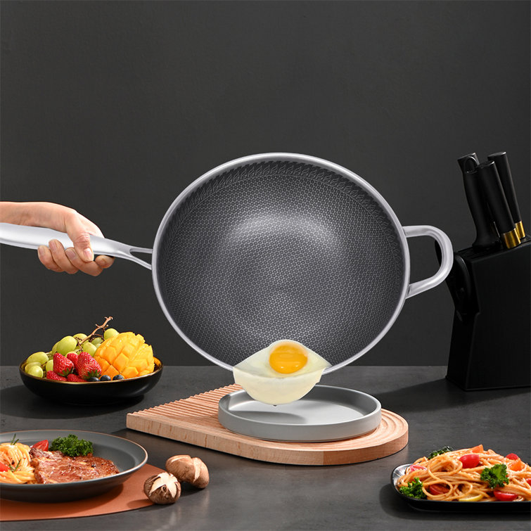 13.4-Inch Stainless Steel Wok Honeycomb Frying Pan With Glass Lid