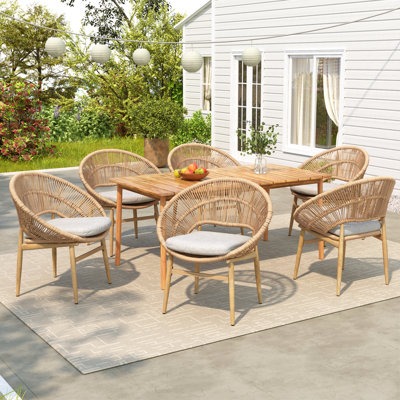Ensemble repas d'extérieur en corde d'acacia avec coussins 7 pièces