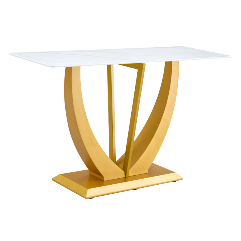 Table de salle à manger moderne et simple rectangulaire en verre blanc avec un motif, un plateau blanc de 0,39 po et des pieds dorés, convenant à l'entrée et au salon.