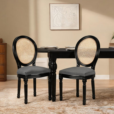 Ensemble de 2 chaises d'appoint rembourrées avec dossier en rotin, tissu gris classique, structure en bois massif noir, style champêtre français, L 19,69 po x l 22,44 po x H 37,8 po