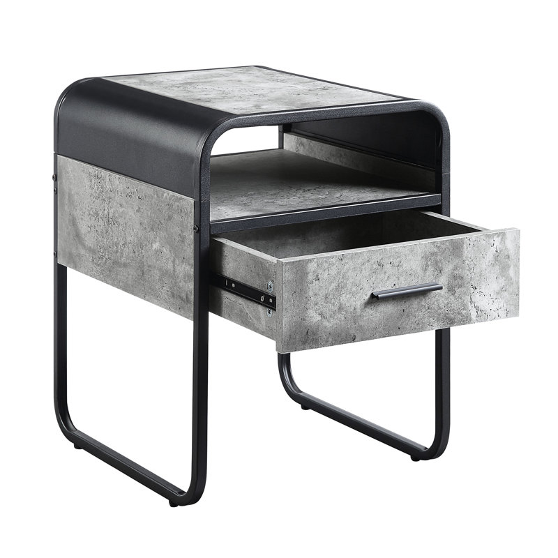 Concrete Gray & Black Finish End Table For Study Rooms With Drawer Function Modern Ample Storage And Smooth