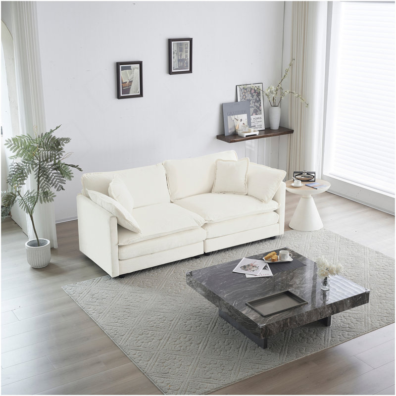 Canapé de causeuse moderne en tissu pour salon, canapé rembourré 2 places à assise profonde de grande taille avec 4 coussins, chenille blanche