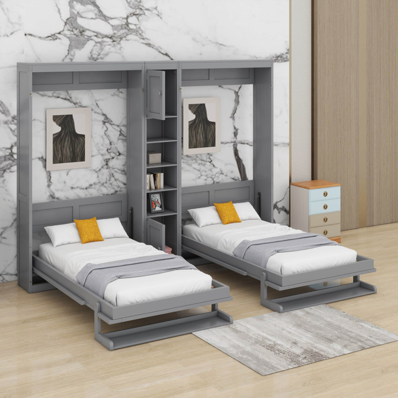 Double lit escamotable mural simple avec armoires et tablettes, cadre escamotable avec pieds convertibles et unité de rangement centrale