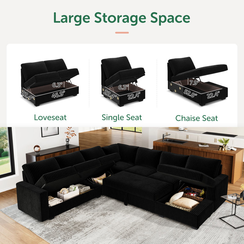 Brunella U-shaped Oversized Sleeper Sofa Storage Corduroy Sectional, Black Corduroy