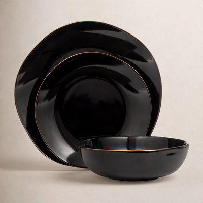 Andover Black 12 Piece Gold Rim Dinnerware Set, Service For 4