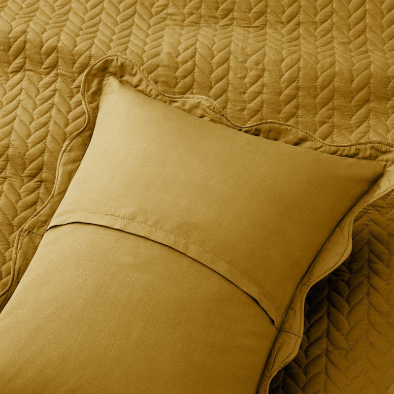 Microfiber Embossed Oversized Bedspread Set With Shams – Modern & Contemporary, Machine Washable, Dust-Resistant, Ochre