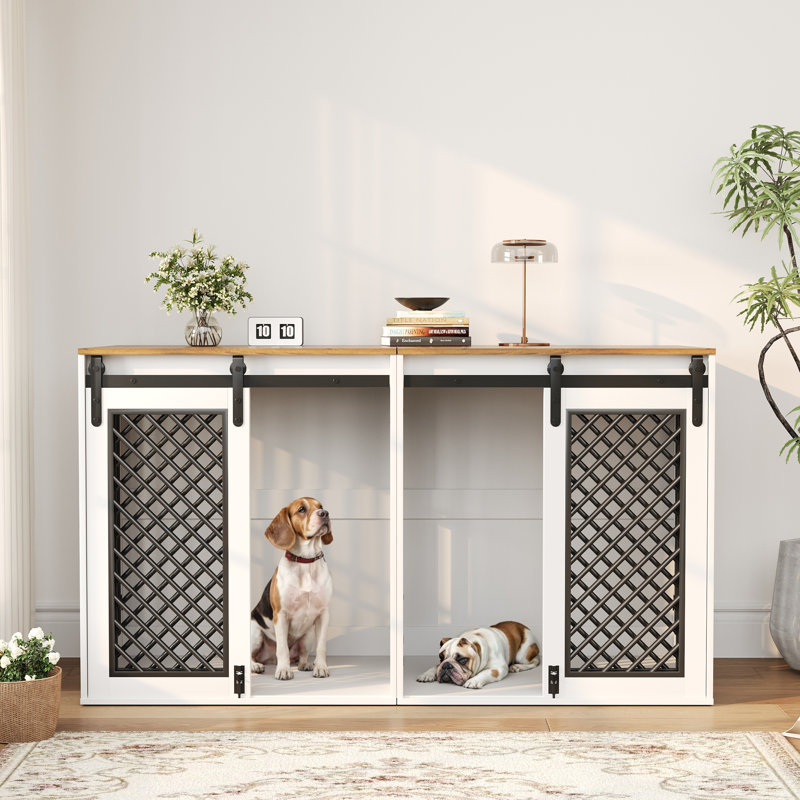 61" W Separable Large Dog Crate Furniture with Divider – Versatile Design for Multiple Dogs and Spaces, White+Brown