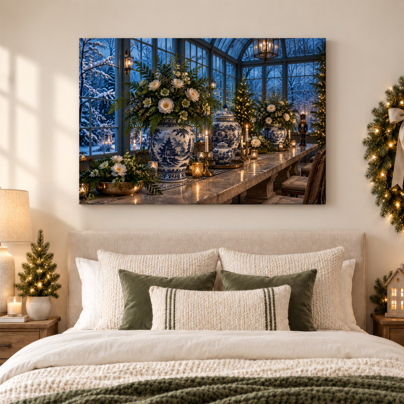Art mural sur toile de fleurs blanches dans des vases en porcelaine bleue, 18"H x 24"W