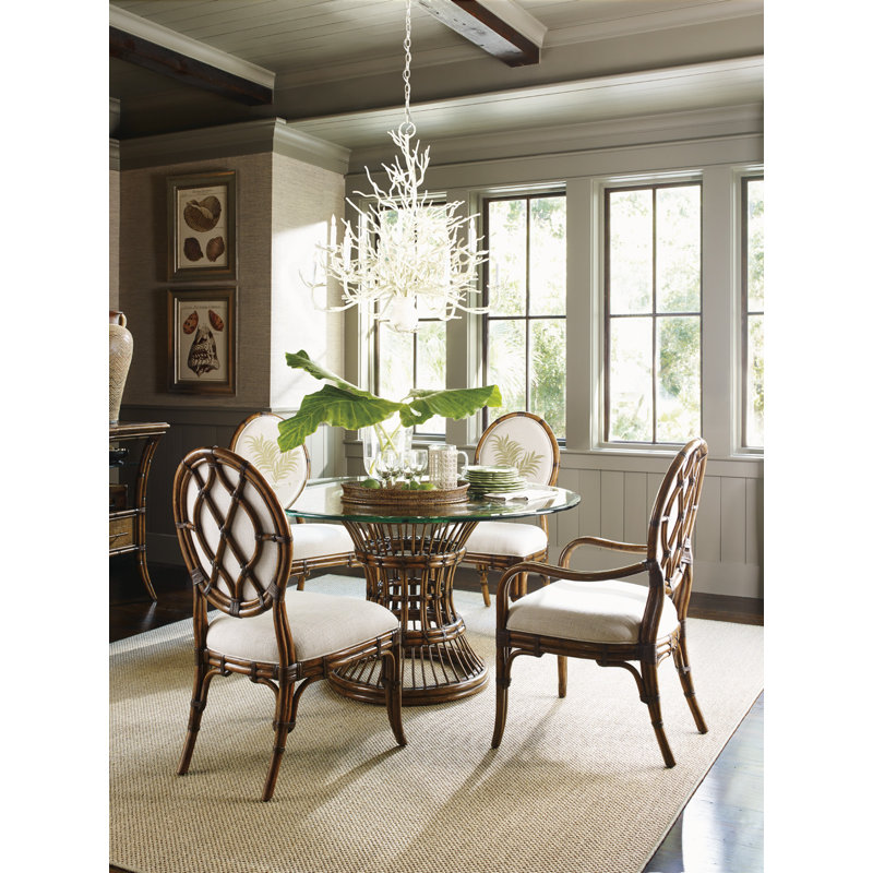60" Round Brown Glass Dining Table with Rattan Base