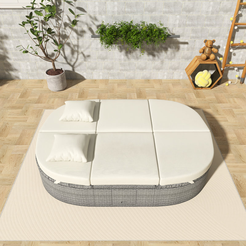 Lit de jour d'extérieur en rotin pour 2 personnes avec coussins amovibles, Beige