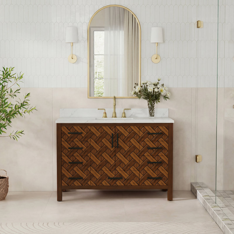 Meuble-lavabo 48 po entièrement assemblé avec structure en bois massif, plateau en pierre reconstituée et prise homologuée UL