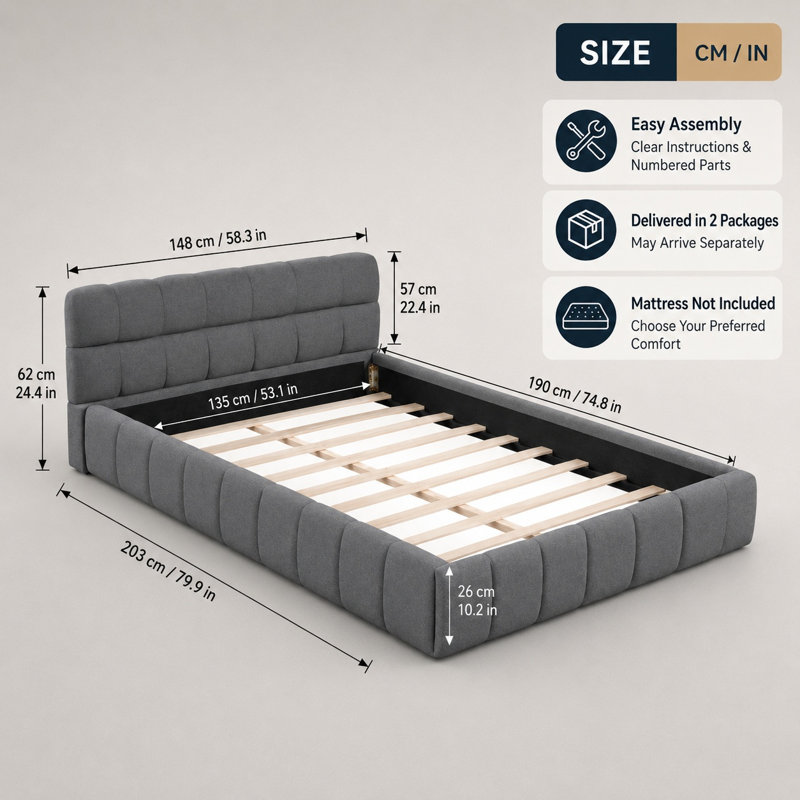 Upholstered Double Bed with Unique Mattress Design, Grey, Double (4'6)