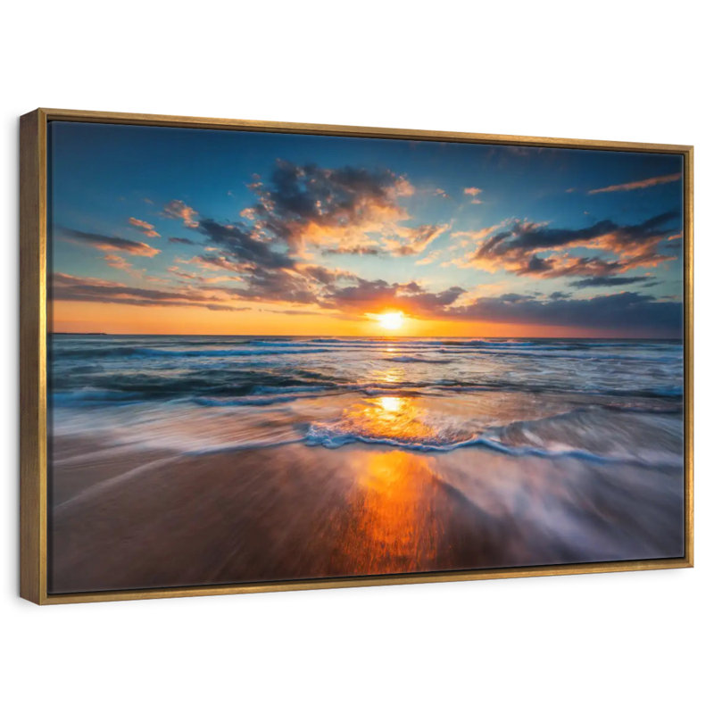 Été, océan, lever de soleil, Cadre flottant doré, 40 po x 27 po
