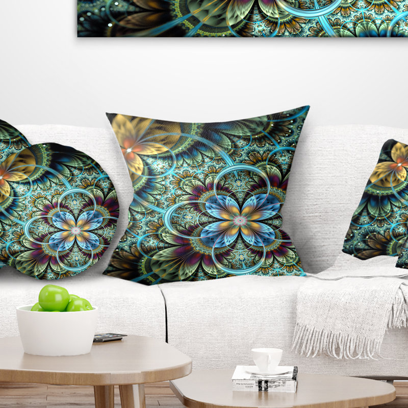 Fractale fleurs bleu foncé orange - coussin imprimé floral, 16 po x 1 po, Coussin décoratif