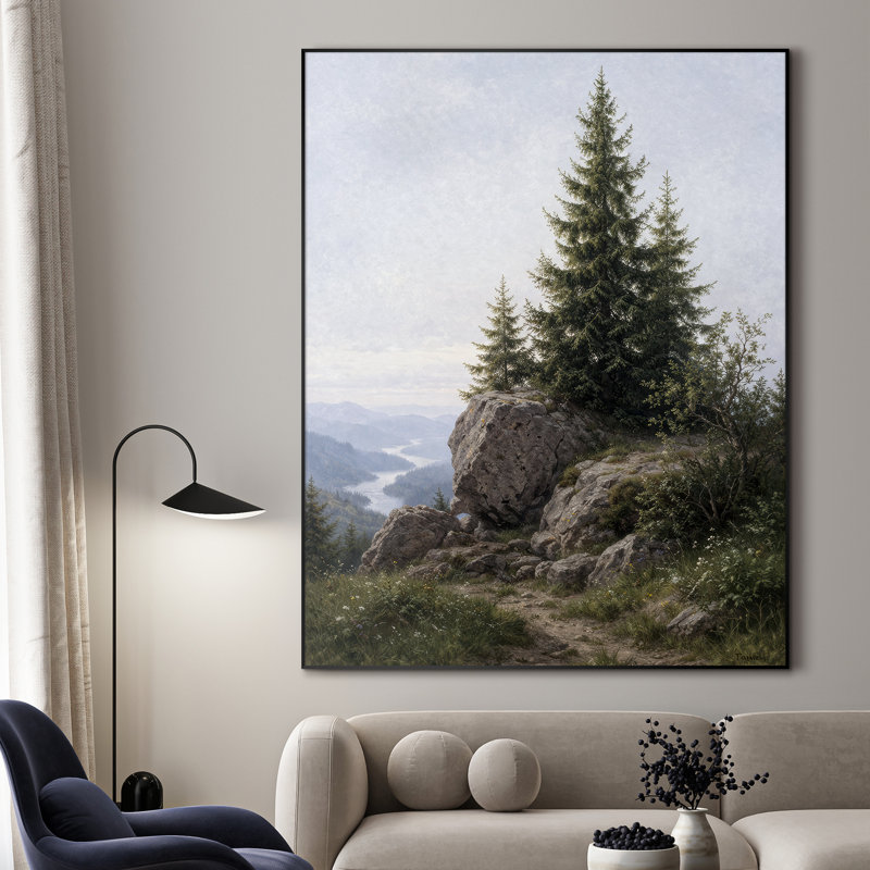 Très grand art mural imprimé sur une falaise de montagne sereine avec des arbres à feuilles persistantes donnant sur le paysage de Misty Valley pour le salon ou la chambre à coucher - «Assemblage requis (cadre non fini)»