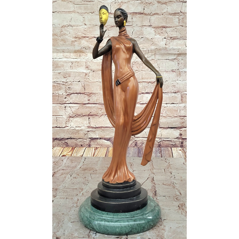 J. Erte Art Deco Bronze Lady with Mask - Figurine élégante en robe fluide sur base en marbre