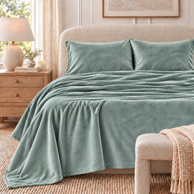 Ultra Soft Micro Plush Velvet Solid Sheet Sets, Queen, Sea Mist