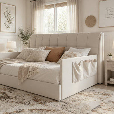 Daybed Velvet Upholstered Sofa Bed with High Side Panels and Side Entrance, Space-Saving Guest Bed with Storage Pockets